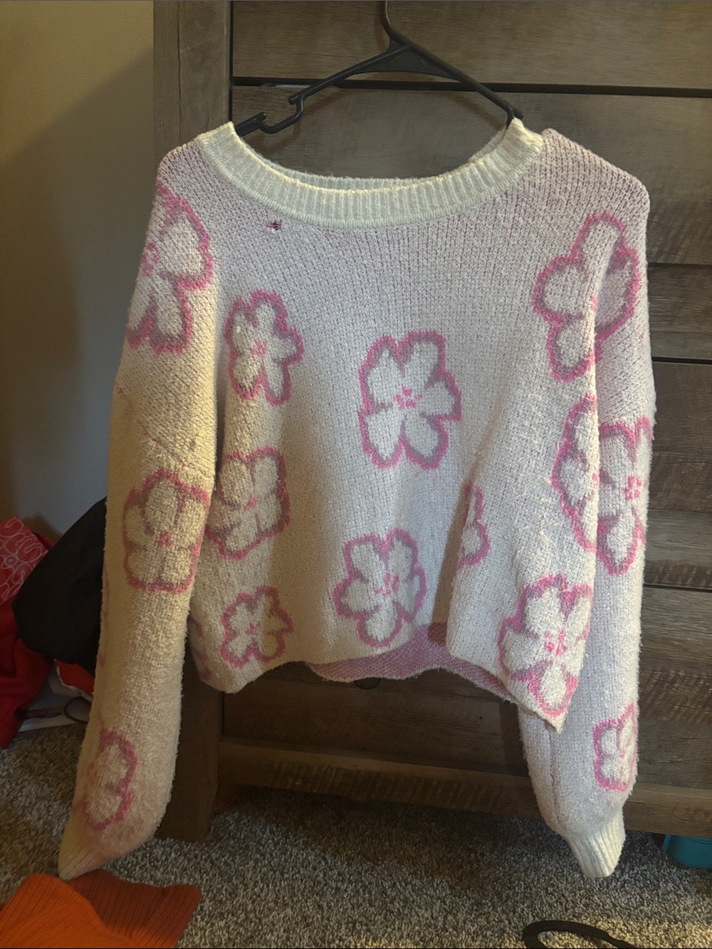 Dry Goods Cream Crewneck Sweater with Pink Floral Motif